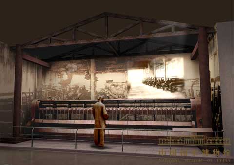 在《复兴之路》基本陈列中对我馆馆藏一级品——粗纱机进行陈列设计的效果图。