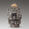 Black-glazed Pottery Hunping with Pavilion and Buddhas (funerary urn)